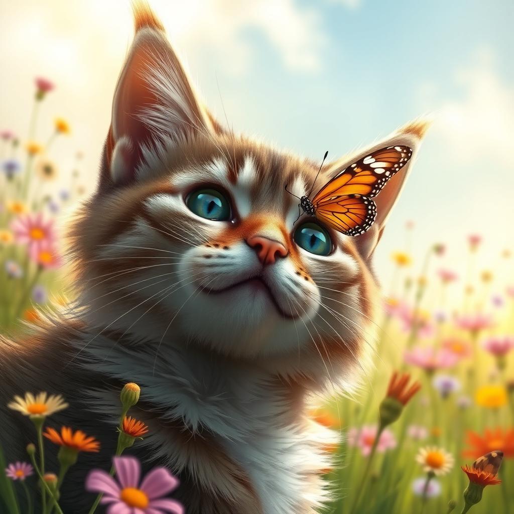 A realistic depiction of a butterfly perched delicately on the nose of a cat, set in a lush, vibrant field filled with colorful wildflowers and green grass