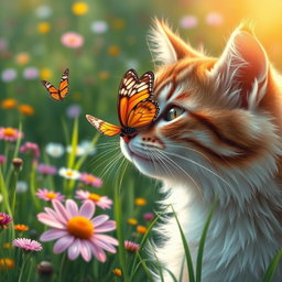 A realistic depiction of a butterfly perched delicately on the nose of a cat, set in a lush, vibrant field filled with colorful wildflowers and green grass