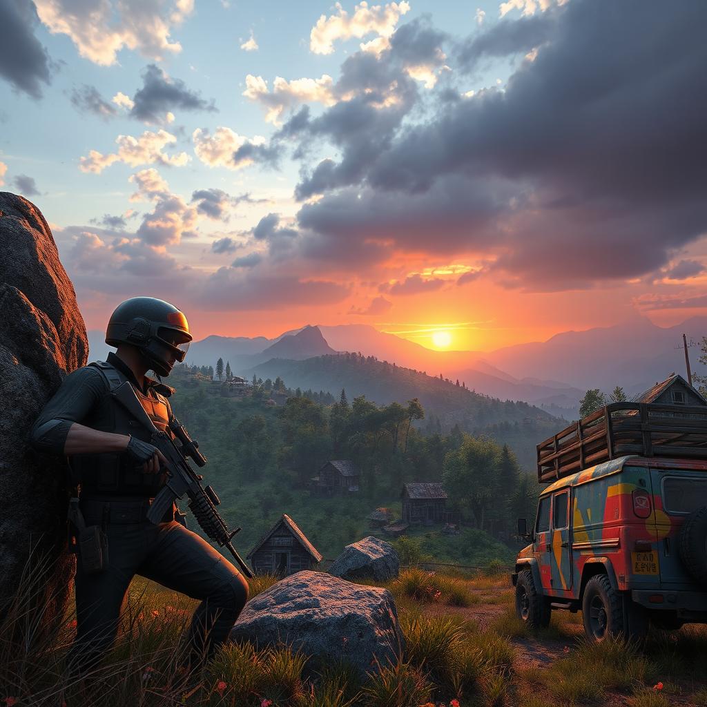 A thrilling scene from a battle royale game reminiscent of PUBG, featuring a vibrant landscape of a sprawling terrain with lush green forests, rocky mountains, and abandoned buildings