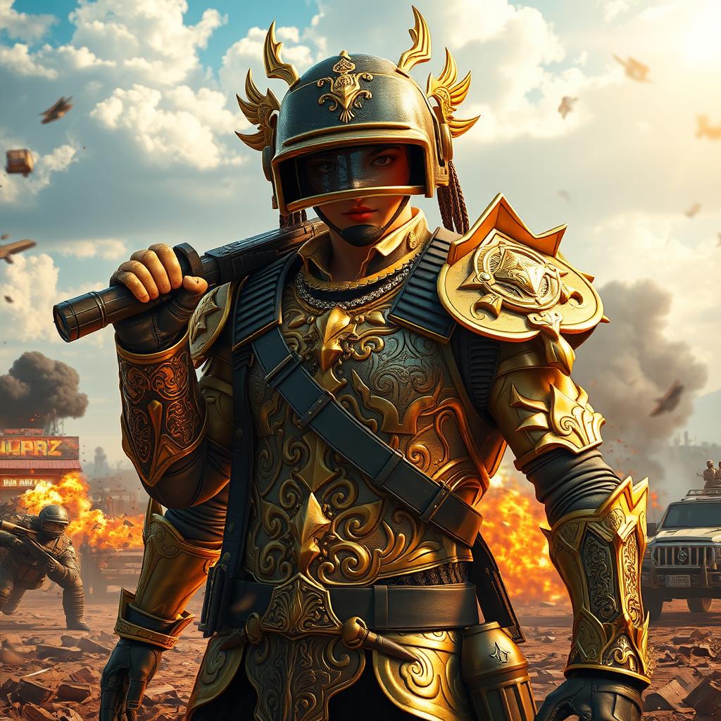 A stunning digital artwork of a character in a battle royale game, resembling PUBG, clad in elaborate golden armor and accessories, showcasing a fierce expression