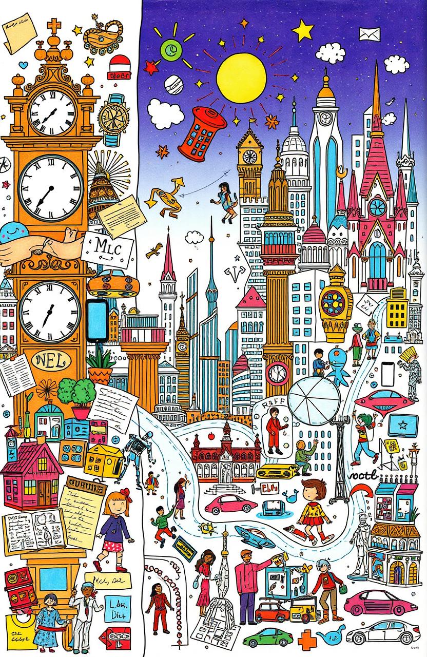 A whimsical and intricate doodle art piece visually representing the concepts of past, present, and future