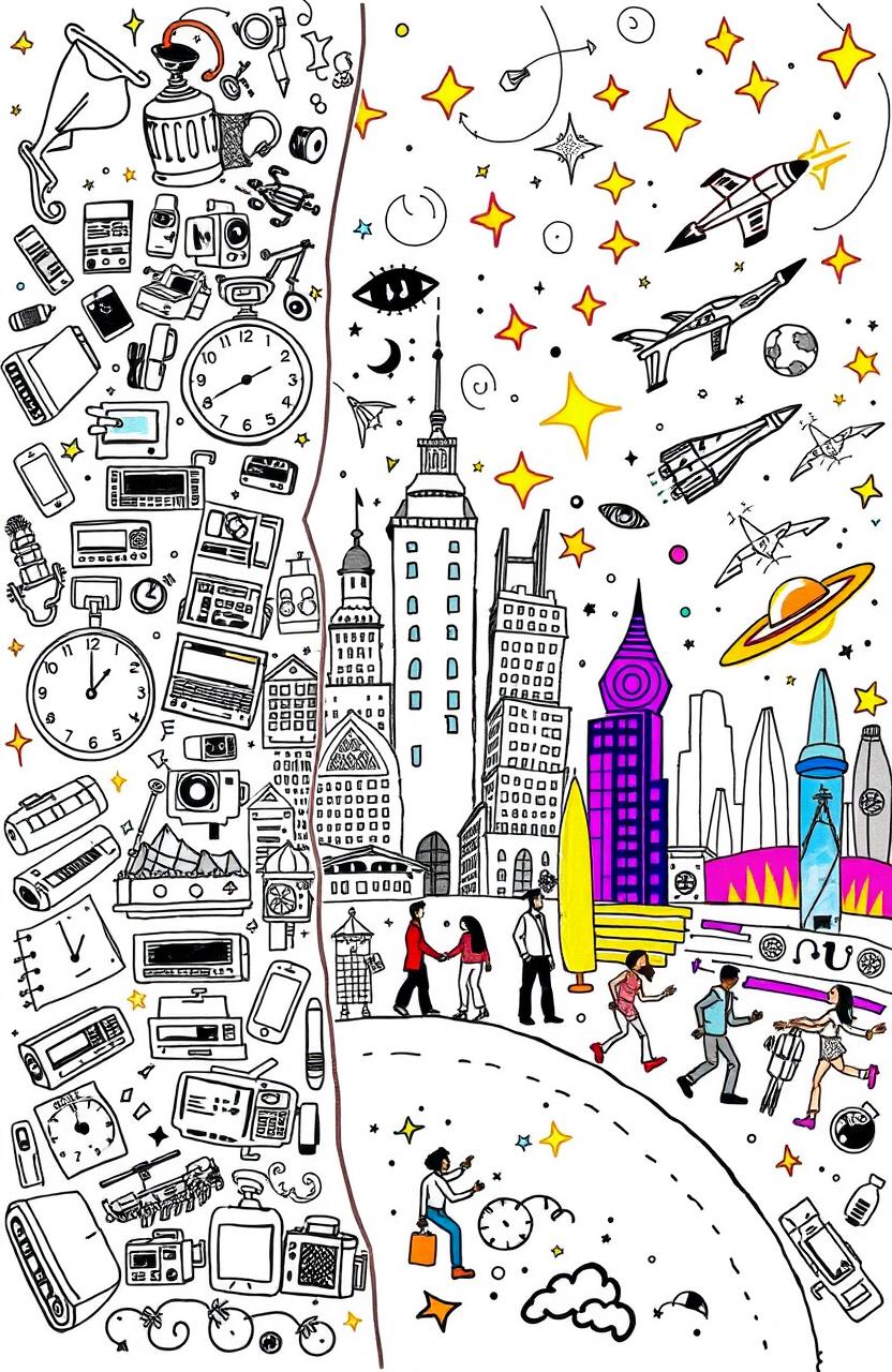 A whimsical doodle art that visually represents the concepts of the past, present, and future