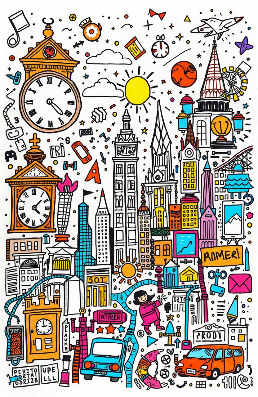 A whimsical and colorful doodle art representation of the past, present, and future