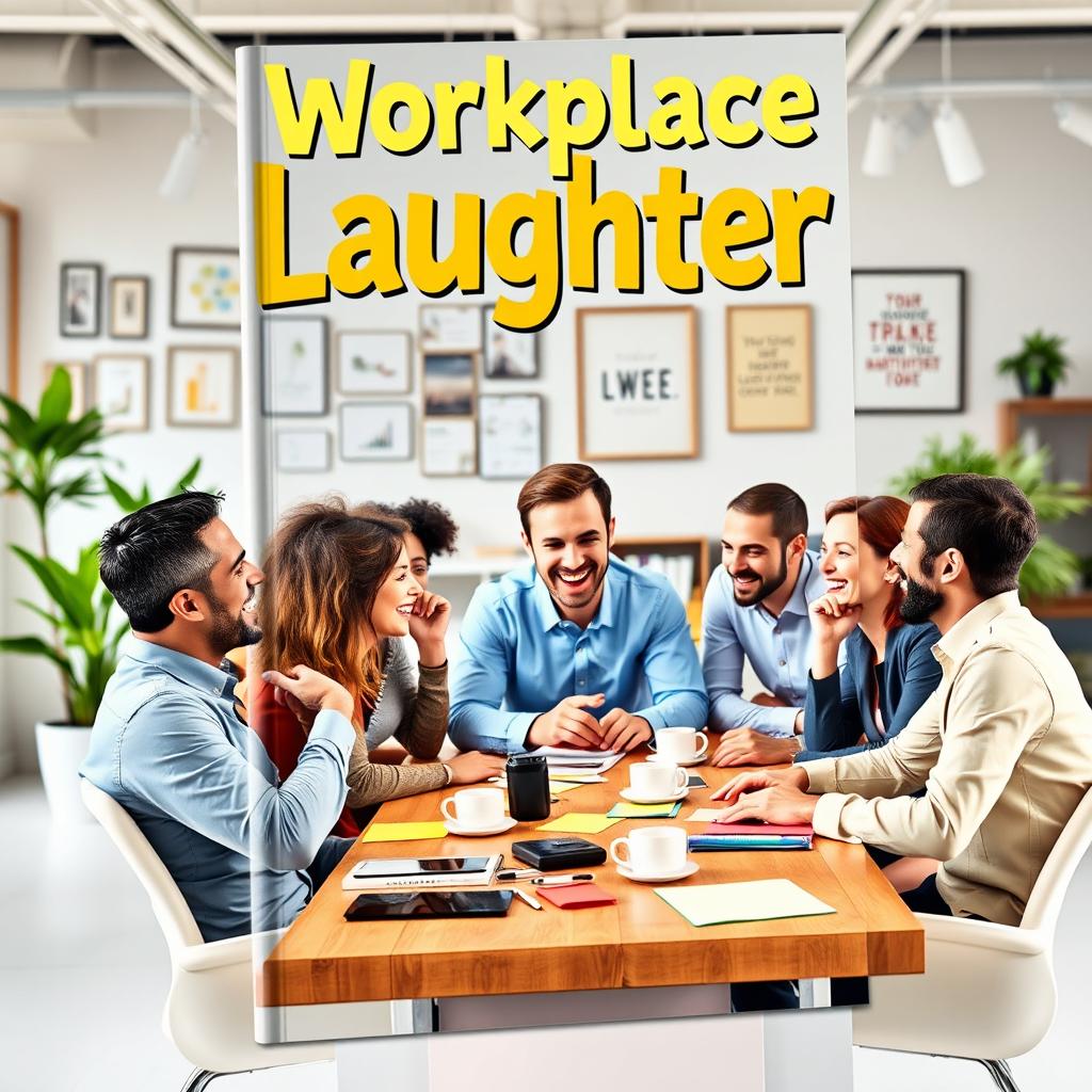 A vibrant and cheerful book cover for a novel titled 'Workplace Laughter'