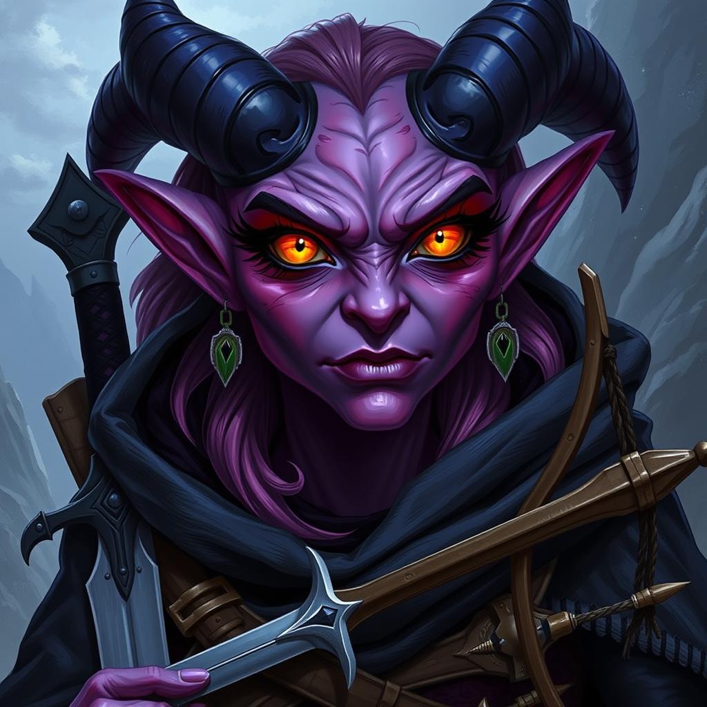 A robust, mature tiefling demon woman, featuring a striking purple and pink gradient skin