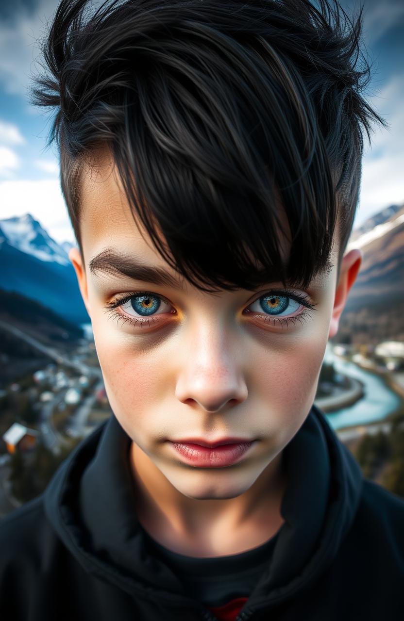 A striking close-up of a boy's face in the center of the image, featuring black hair cascading into his eyes