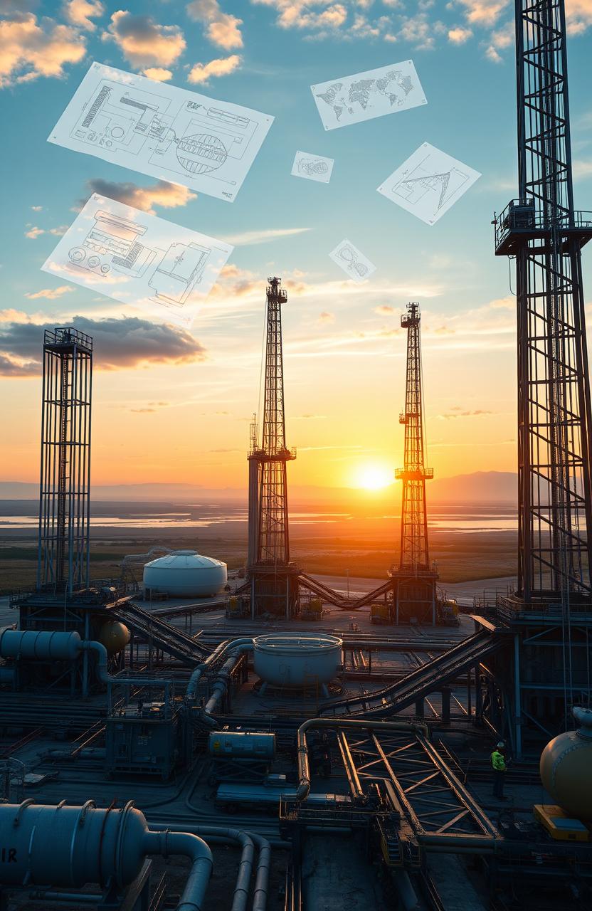 A highly detailed and realistic representation of oil and gas engineering, showcasing sophisticated drilling rigs in a serene and expansive landscape