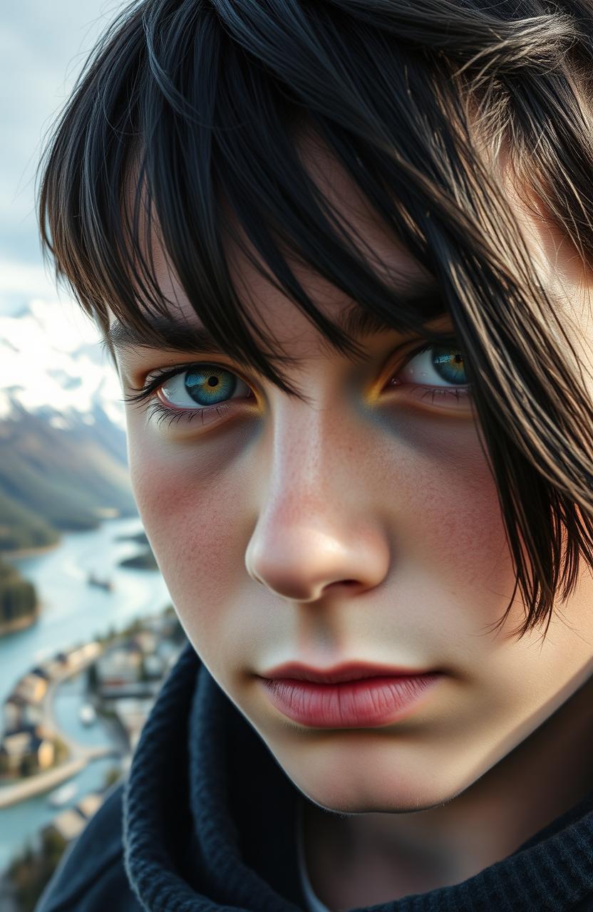 A close-up of a teenage boy's face with black hair falling into his eyes, thick but neat black eyebrows