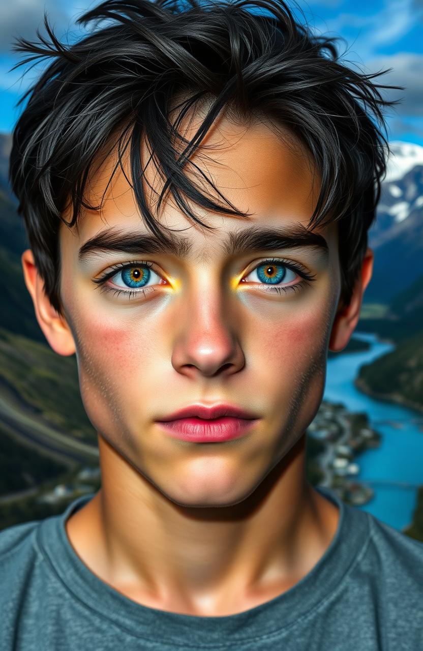 A striking portrait of an older teenage boy with sharp features and messy black hair
