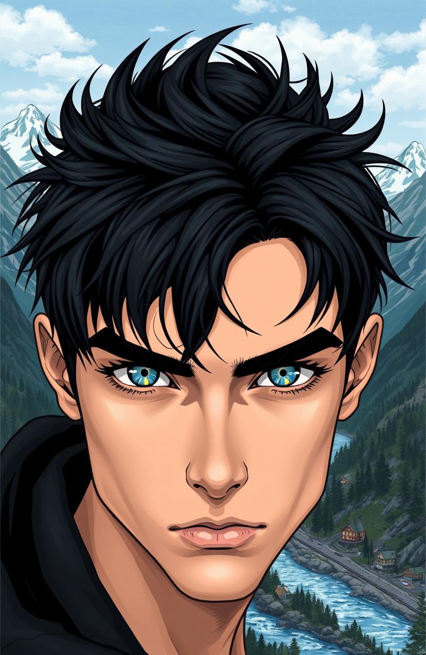 A striking illustration of a young man with sharp features and black messy hair, featuring thick but neat black eyebrows