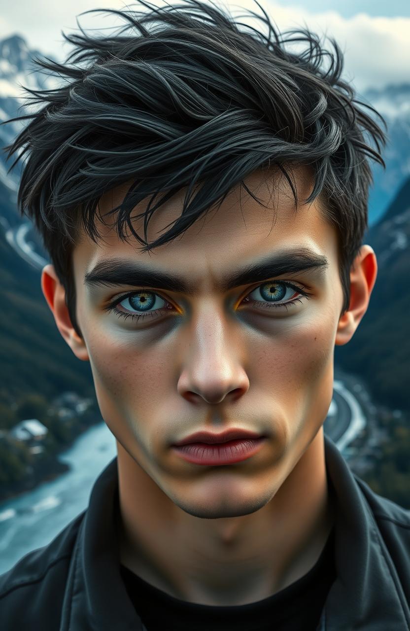 A realistic close-up portrait of a young man with sharp facial features and messy black hair