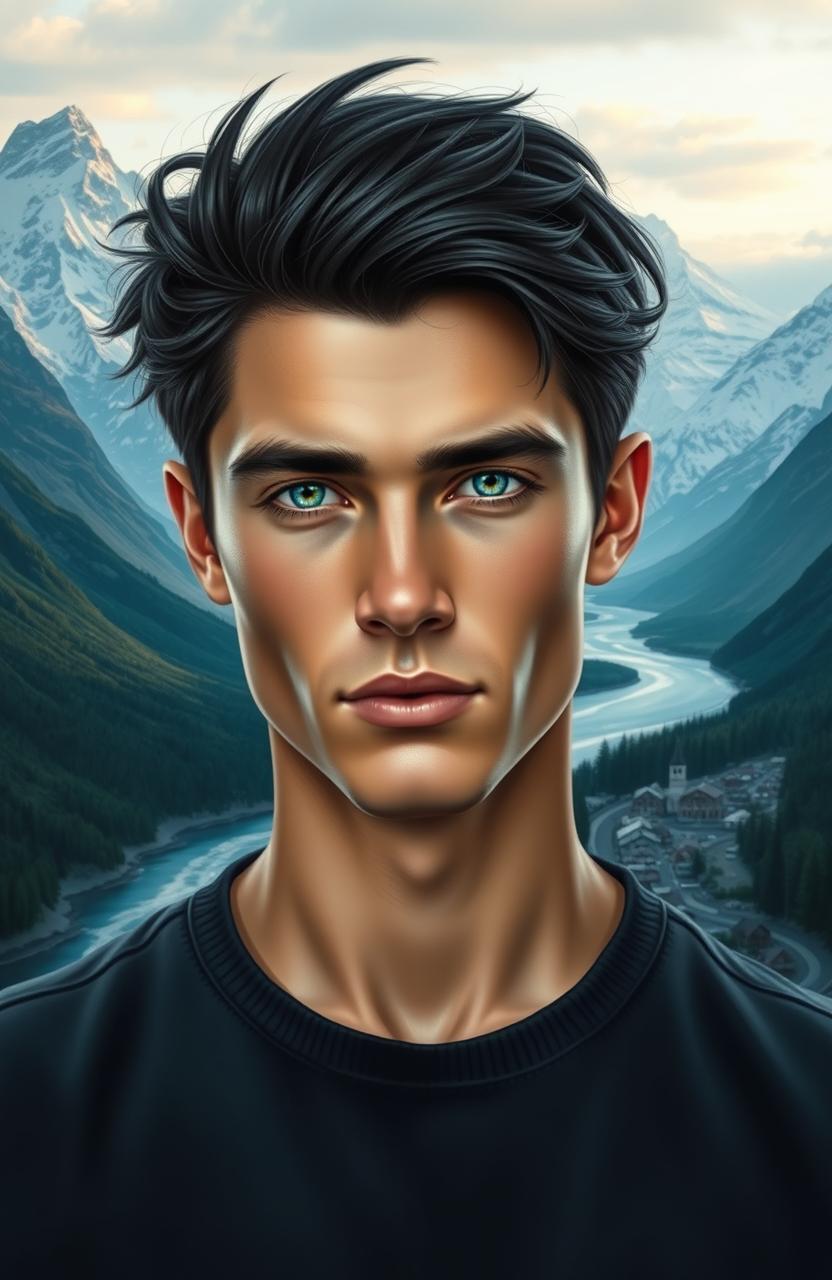 A realistic portrait of a young man with attractive angular features and a soft expression, centered on the page