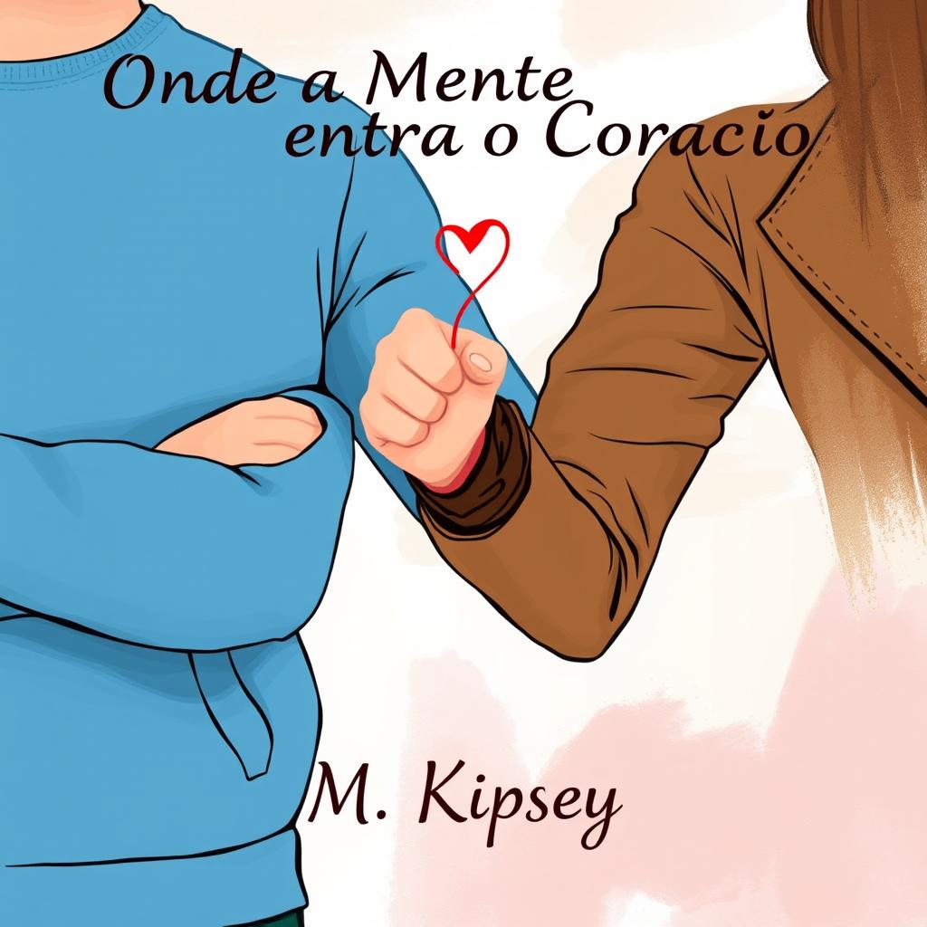 An artistic illustration featuring a stylized man’s muscular arm dressed in a vibrant blue sweatshirt beside a woman's elegant arm in a trendy brown leather jacket, her hand gripping his bicep in a playful manner