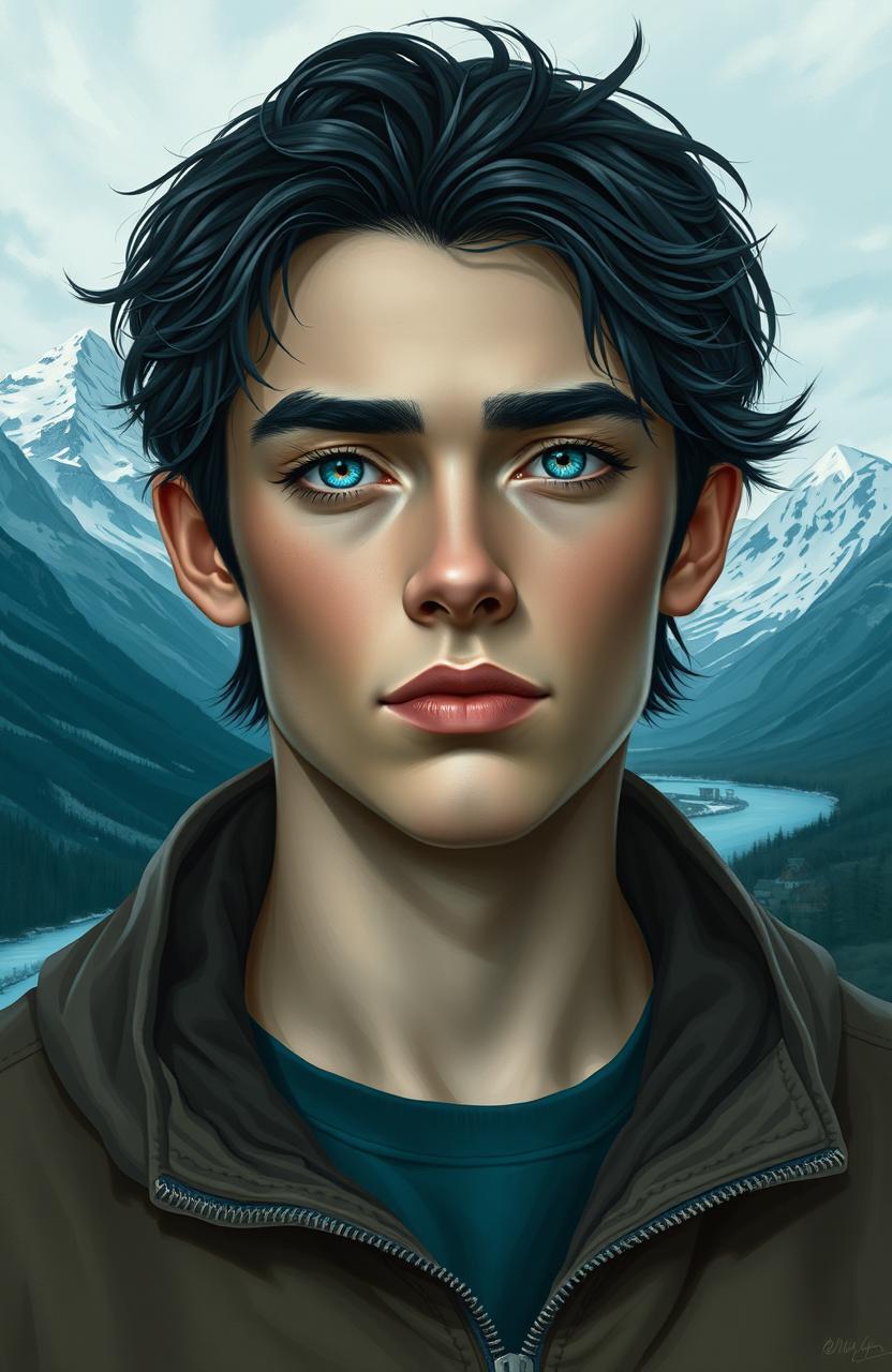A realistic portrait of a young man with soft yet angular features and an innocent expression
