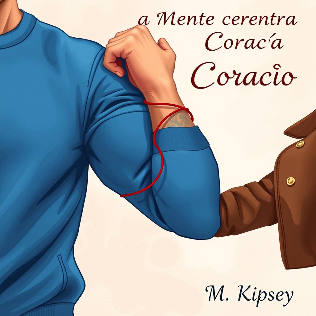 An artistic illustration showcasing a man's muscular arm in a vibrant blue sweatshirt paired with a woman's elegant arm in a stylish brown leather jacket, her hand playfully gripping his bicep