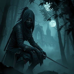 A female ninja hunter inspired by Bloodborne, dressed in dark, tattered clothing that blends elements of traditional ninja attire with gothic details