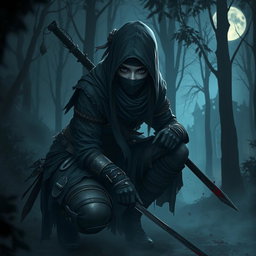 A female ninja hunter inspired by Bloodborne, dressed in dark, tattered clothing that blends elements of traditional ninja attire with gothic details