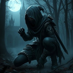 A female ninja hunter inspired by Bloodborne, dressed in dark, tattered clothing that blends elements of traditional ninja attire with gothic details
