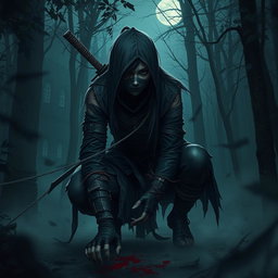 A female ninja hunter inspired by Bloodborne, dressed in dark, tattered clothing that blends elements of traditional ninja attire with gothic details