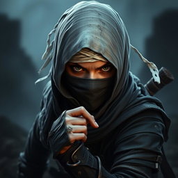 A fierce female ninja hunter inspired by Bloodborne aesthetics, dressed in dark, tattered clothing with intricate details