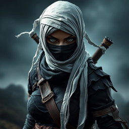 A fierce female ninja hunter inspired by Bloodborne aesthetics, dressed in dark, tattered clothing with intricate details