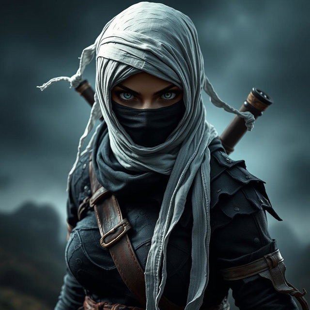 A fierce female ninja hunter inspired by Bloodborne aesthetics, dressed in dark, tattered clothing with intricate details