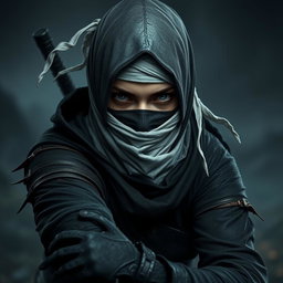 A fierce female ninja hunter inspired by Bloodborne aesthetics, dressed in dark, tattered clothing with intricate details