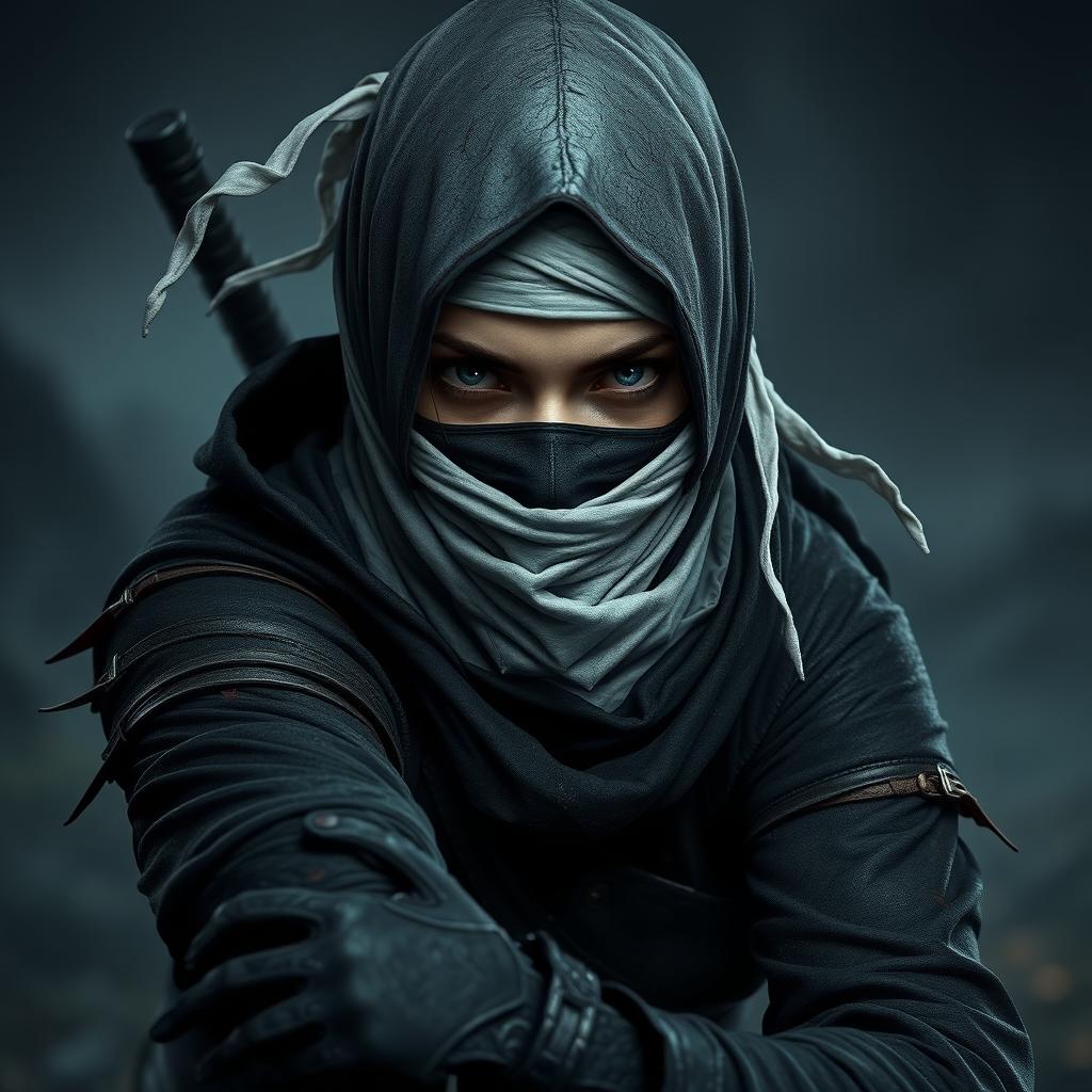 A fierce female ninja hunter inspired by Bloodborne aesthetics, dressed in dark, tattered clothing with intricate details