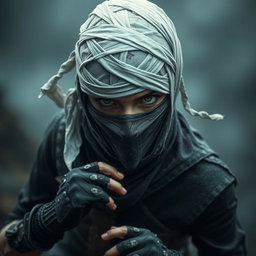 A fierce female ninja hunter inspired by Bloodborne aesthetics, dressed in dark, tattered clothing with intricate details