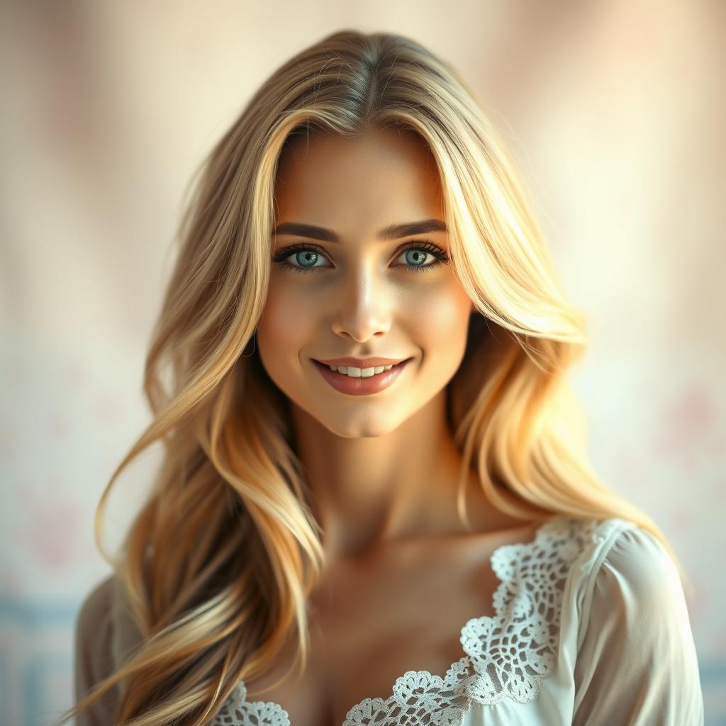 A stunning portrait of a woman with long, flowing golden hair, set against a soft, blurred background of pastel colors