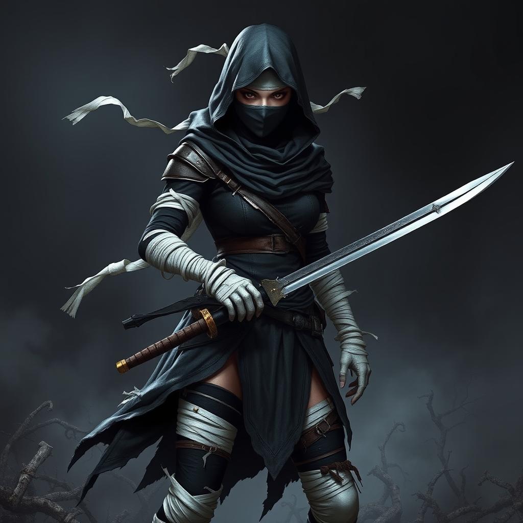 A female ninja hunter character inspired by Bloodborne, dressed in dark, tattered clothing that gives a mysterious and ominous vibe