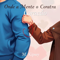 An artistic illustration showcasing a stylized man’s muscular arm in a vibrant blue sweatshirt alongside a woman's elegant arm in a trendy brown leather jacket, her hand playfully gripping his bicep