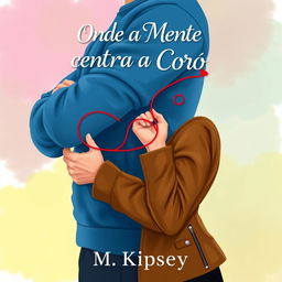 An artistic illustration showcasing a stylized man’s muscular arm in a vibrant blue sweatshirt alongside a woman's elegant arm in a trendy brown leather jacket, her hand playfully gripping his bicep