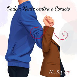 An artistic illustration showcasing a stylized man’s muscular arm in a vibrant blue sweatshirt alongside a woman's elegant arm in a trendy brown leather jacket, her hand playfully gripping his bicep