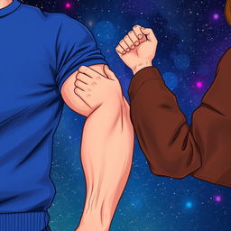 An artistic illustration featuring a man's muscular arm in a vibrant blue sweatshirt alongside a woman's elegant arm in a stylish brown leather jacket, her hand playfully gripping his bicep