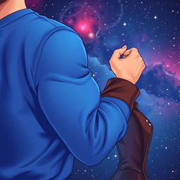 An artistic illustration featuring a man's muscular arm in a vibrant blue sweatshirt alongside a woman's elegant arm in a stylish brown leather jacket, her hand playfully gripping his bicep