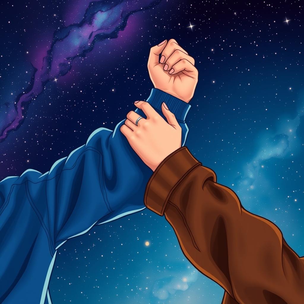An artistic illustration featuring a man's muscular arm in a vibrant blue sweatshirt alongside a woman's elegant arm in a stylish brown leather jacket, her hand playfully gripping his bicep