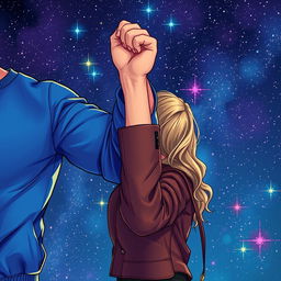 An artistic illustration featuring a man's muscular arm in a vibrant blue sweatshirt alongside a woman's elegant arm in a stylish brown leather jacket, her hand playfully gripping his bicep