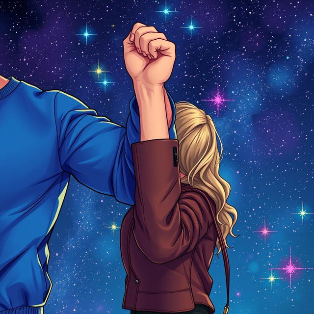An artistic illustration featuring a man's muscular arm in a vibrant blue sweatshirt alongside a woman's elegant arm in a stylish brown leather jacket, her hand playfully gripping his bicep