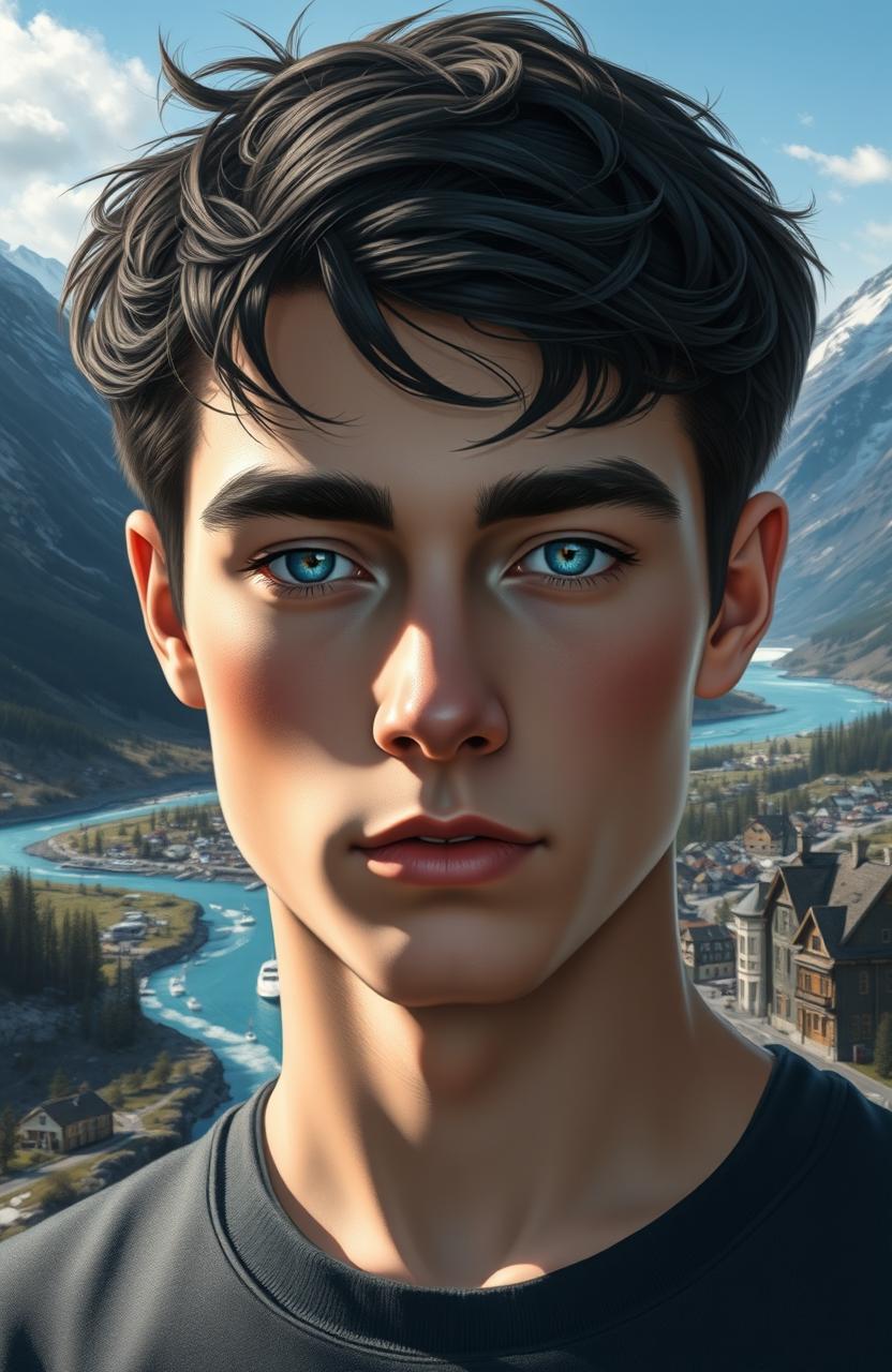 A realistic portrait of a young man with soft yet angular features, an innocent expression, and raven black tousled medium length hair