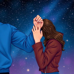 An artistic illustration featuring a man's muscular arm in a vibrant blue sweatshirt alongside a woman's elegant arm in a stylish brown leather jacket, her hand playfully gripping his bicep