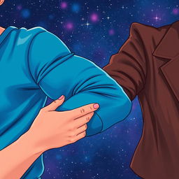 An artistic illustration featuring a man's muscular arm in a vibrant blue sweatshirt alongside a woman's elegant arm in a stylish brown leather jacket, her hand playfully gripping his bicep
