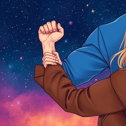 An artistic illustration featuring a man's muscular arm in a vibrant blue sweatshirt alongside a woman's elegant arm in a stylish brown leather jacket, her hand playfully gripping his bicep