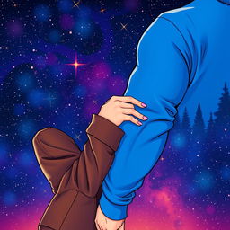 An artistic illustration featuring a man's muscular arm in a vibrant blue sweatshirt alongside a woman's elegant arm in a stylish brown leather jacket, her hand playfully gripping his bicep