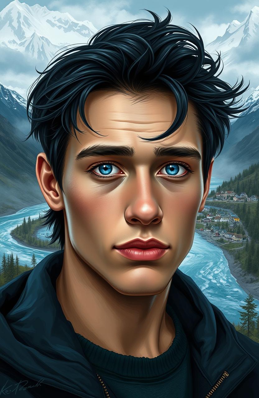 A realistic portrait of a young man with softer angular attractive features and an innocent expression