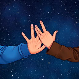 An artistic illustration featuring a man's muscular arm in a vibrant blue sweatshirt next to a woman's elegant arm in a stylish brown leather jacket