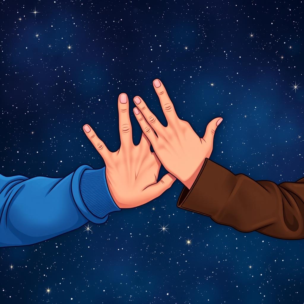 An artistic illustration featuring a man's muscular arm in a vibrant blue sweatshirt next to a woman's elegant arm in a stylish brown leather jacket