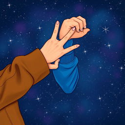 An artistic illustration featuring a man's muscular arm in a vibrant blue sweatshirt next to a woman's elegant arm in a stylish brown leather jacket