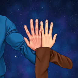 An artistic illustration featuring a man's muscular arm in a vibrant blue sweatshirt next to a woman's elegant arm in a stylish brown leather jacket