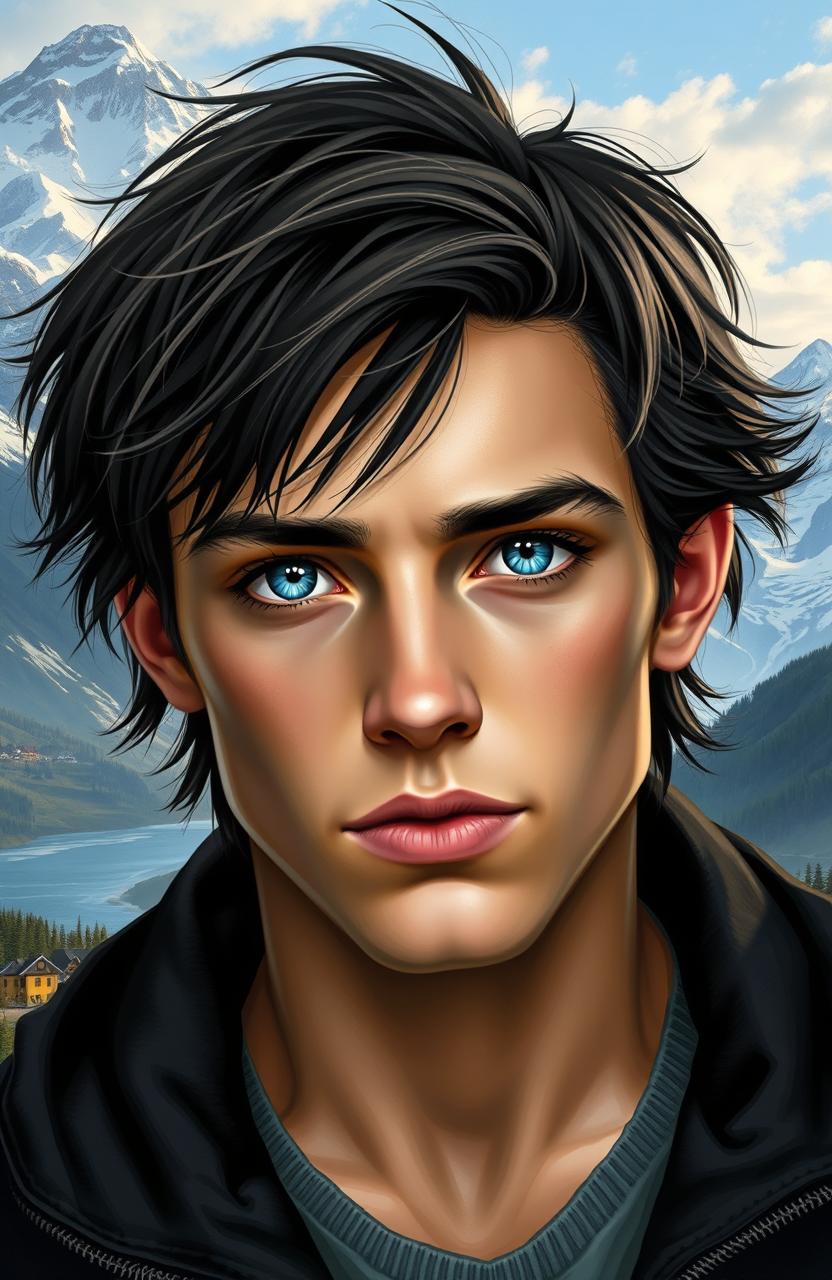 A realistic portrait of a young man with attractive angular features and messy medium length black hair